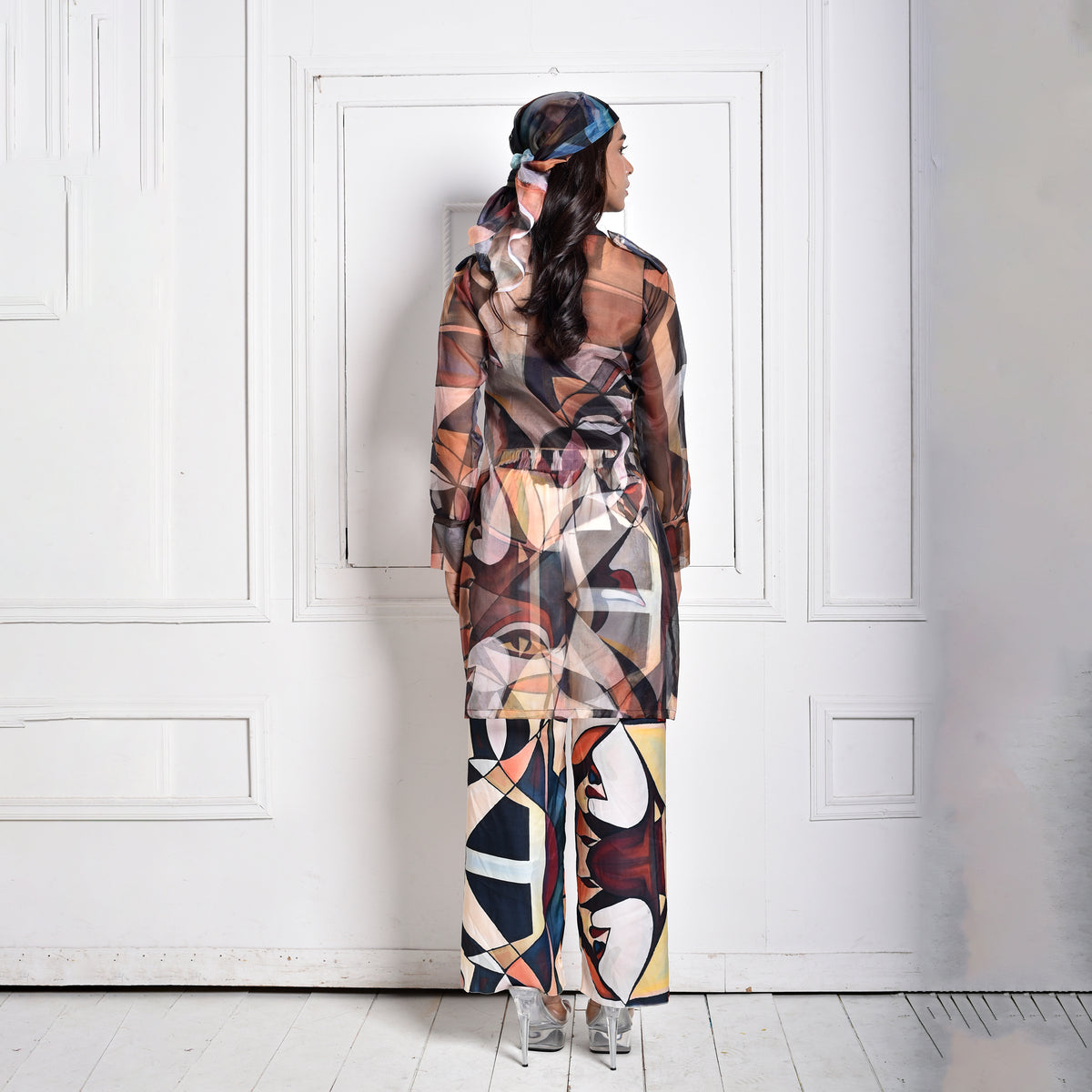 Organza Trench Dress With Printed Pants