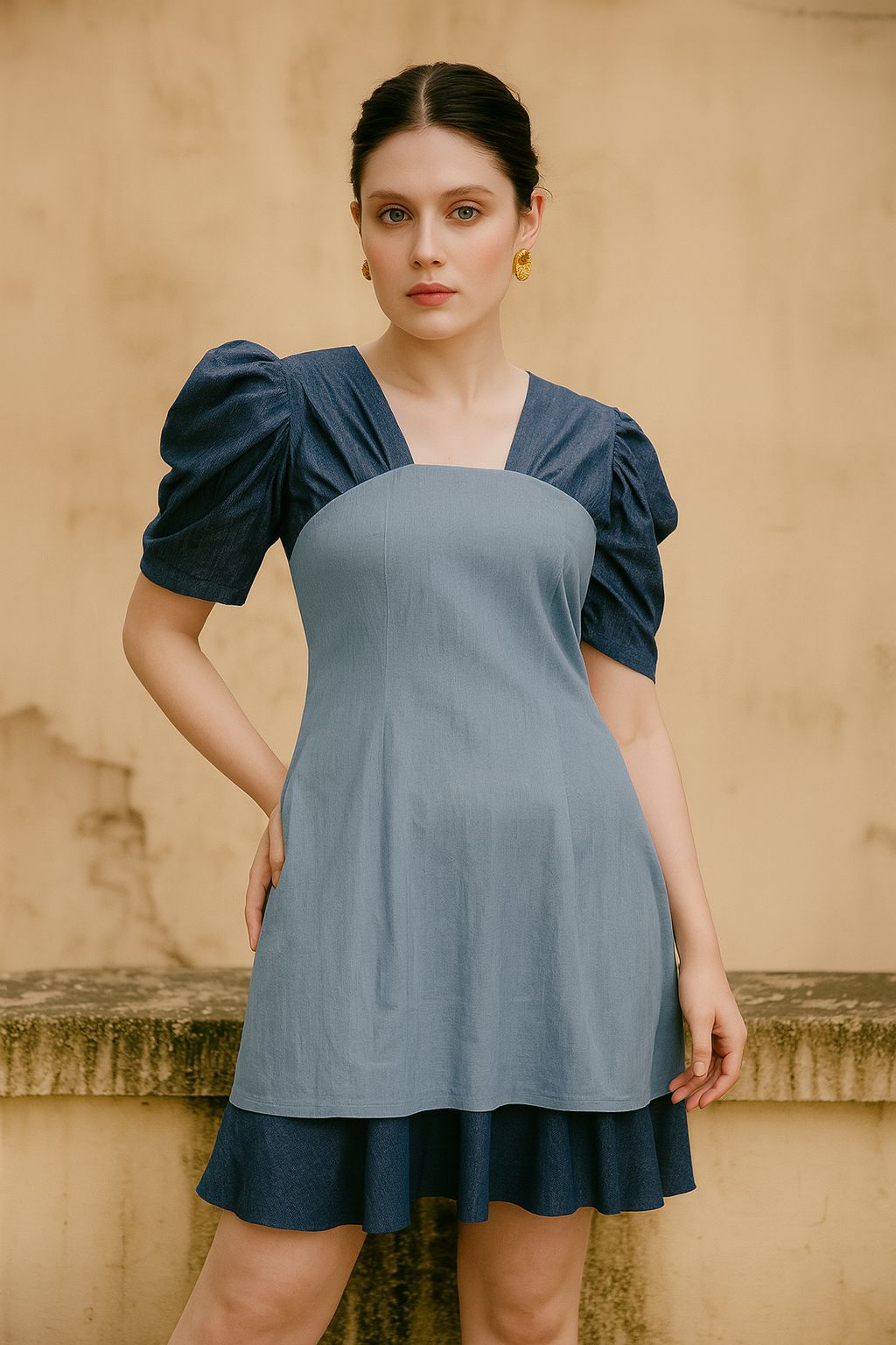 Two-Tone Puff Sleeve Denim Dress