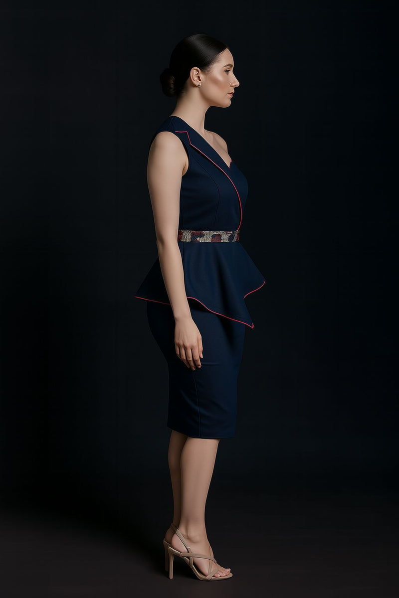 One-Shoulder Peplum Dress with Embroidered Belt