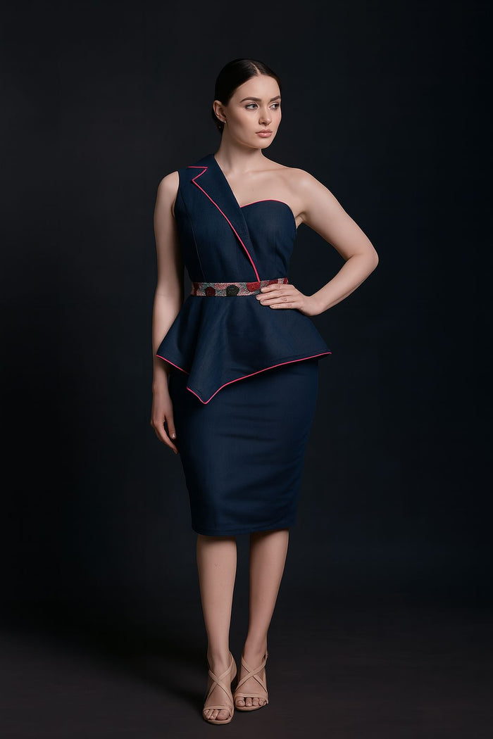 One-Shoulder Peplum Dress with Embroidered Belt